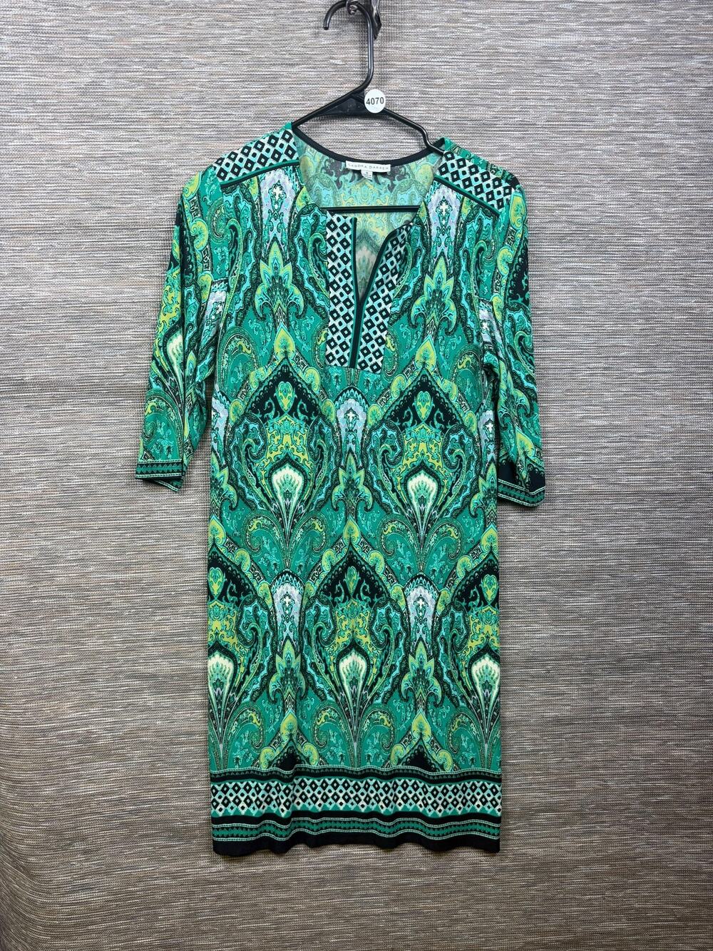 Sandra Darren Dress Womens M Green Paisley Shift Half Sleeve Lined Boho